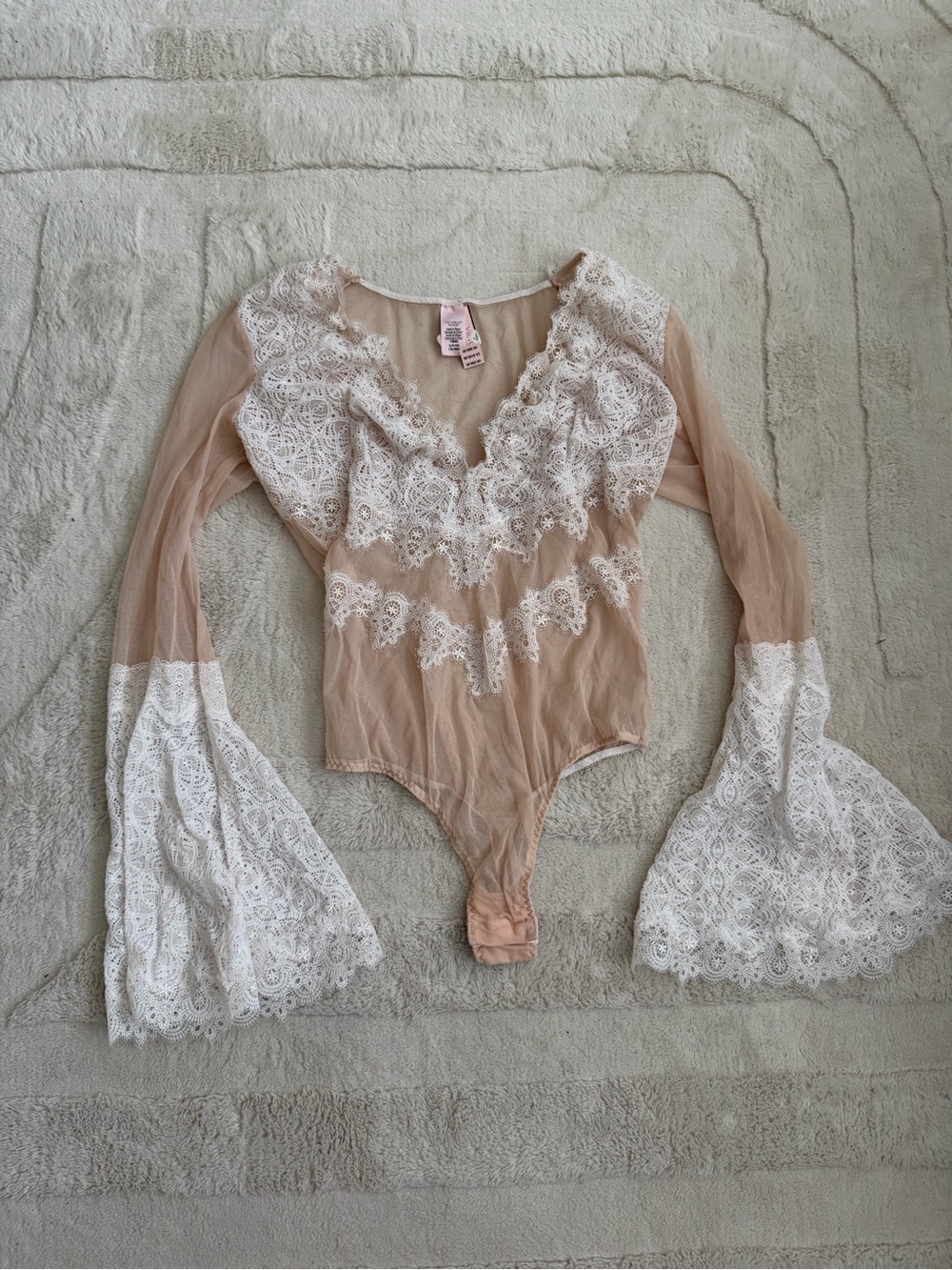 Victoria's Secret Nude and White Lace Sheer Bodysuit